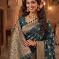 Teal Green Banarasi Silk Saree with Golden Zari Butti Work, Rich Woven Border & Traditional Designer Pallu for Women