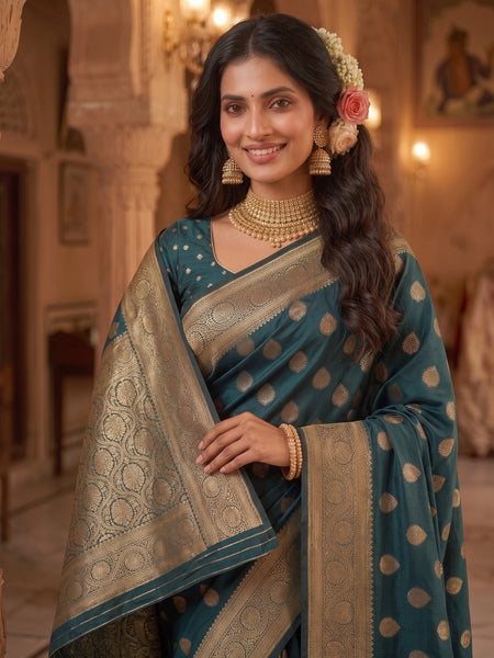 Teal Green Banarasi Silk Saree with Golden Zari Butti Work, Rich Woven Border & Traditional Designer Pallu for Women