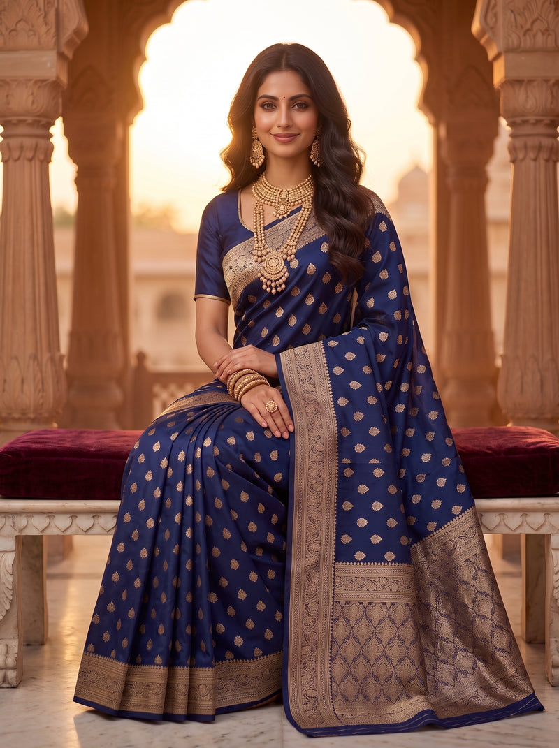 Royal Navy Blue Banarasi Silk Saree with Golden Zari Butti Work, Woven Border & Rich Traditional Pallu for Women