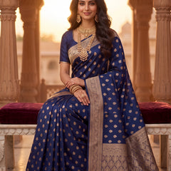 Royal Navy Blue Banarasi Silk Saree with Golden Zari Butti Work, Woven Border & Rich Traditional Pallu for Women