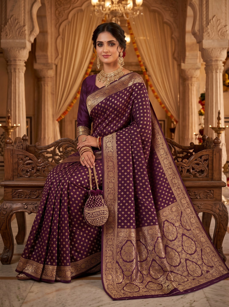 Wine Purple Banarasi Silk Saree with Golden Zari Diamond Butti Work, Floral Woven Border & Rich Pallu for Women
