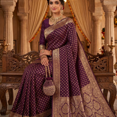 Wine Purple Banarasi Silk Saree with Golden Zari Diamond Butti Work, Floral Woven Border & Rich Pallu for Women