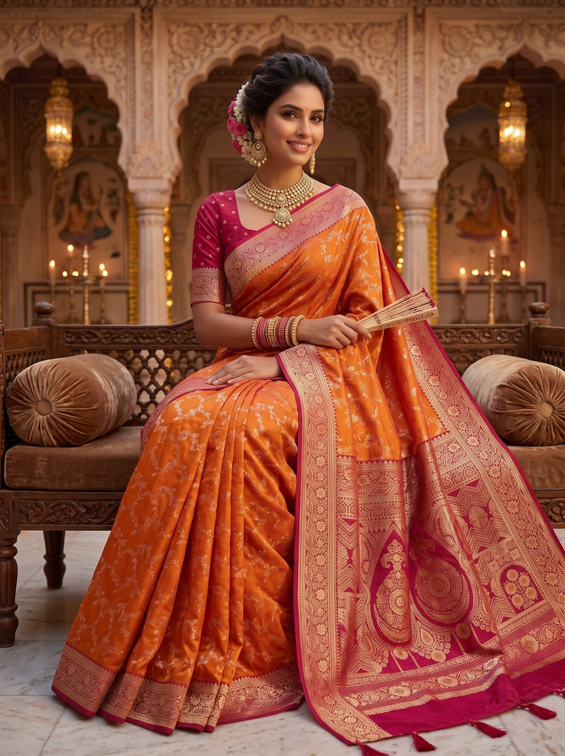 Radiant Orange Banarasi Silk Saree with Rich Magenta Contrast Border and Blouse