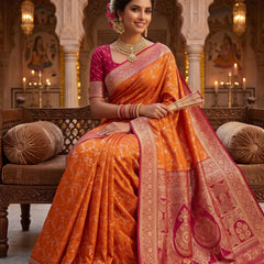 Radiant Orange Banarasi Silk Saree with Rich Magenta Contrast Border and Blouse