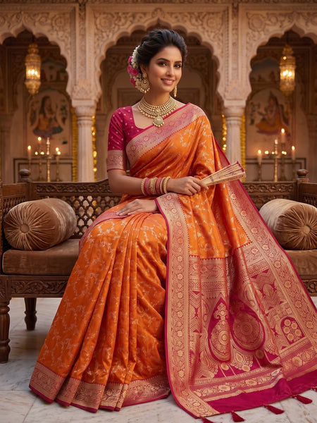 Radiant Orange Banarasi Silk Saree with Rich Magenta Contrast Border and Blouse