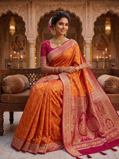 Radiant Orange Banarasi Silk Saree with Rich Magenta Contrast Border and Blouse