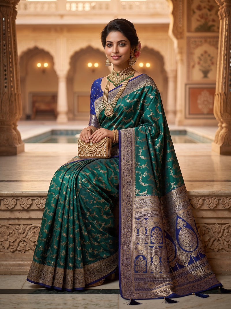 Royal Emerald Green Art Silk Banarasi Saree with Sapphire Blue Contrast Border & Pallu