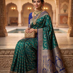 Royal Emerald Green Art Silk Banarasi Saree with Sapphire Blue Contrast Border & Pallu