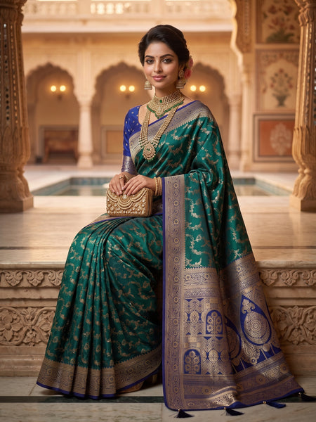 Royal Emerald Green Art Silk Banarasi Saree with Sapphire Blue Contrast Border & Pallu