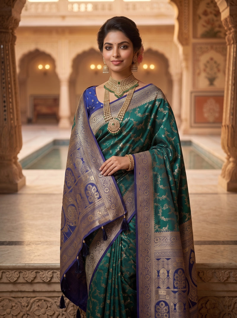 Royal Emerald Green Art Silk Banarasi Saree with Sapphire Blue Contrast Border & Pallu