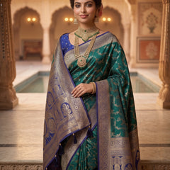 Royal Emerald Green Art Silk Banarasi Saree with Sapphire Blue Contrast Border & Pallu