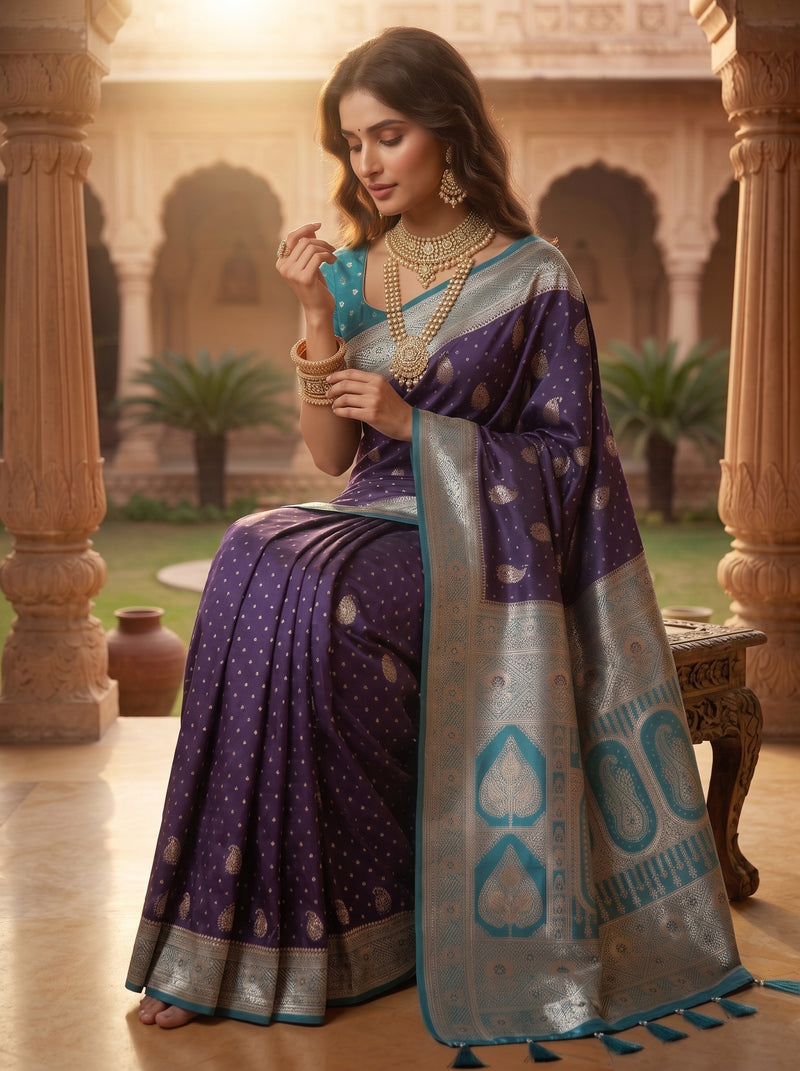 Deep Violet Purple Art Silk Banarasi Saree with Teal Blue Contrast Border & Blouse Piece