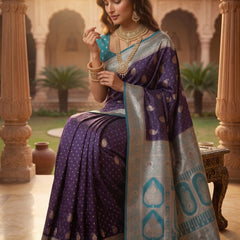 Deep Violet Purple Art Silk Banarasi Saree with Teal Blue Contrast Border & Blouse Piece