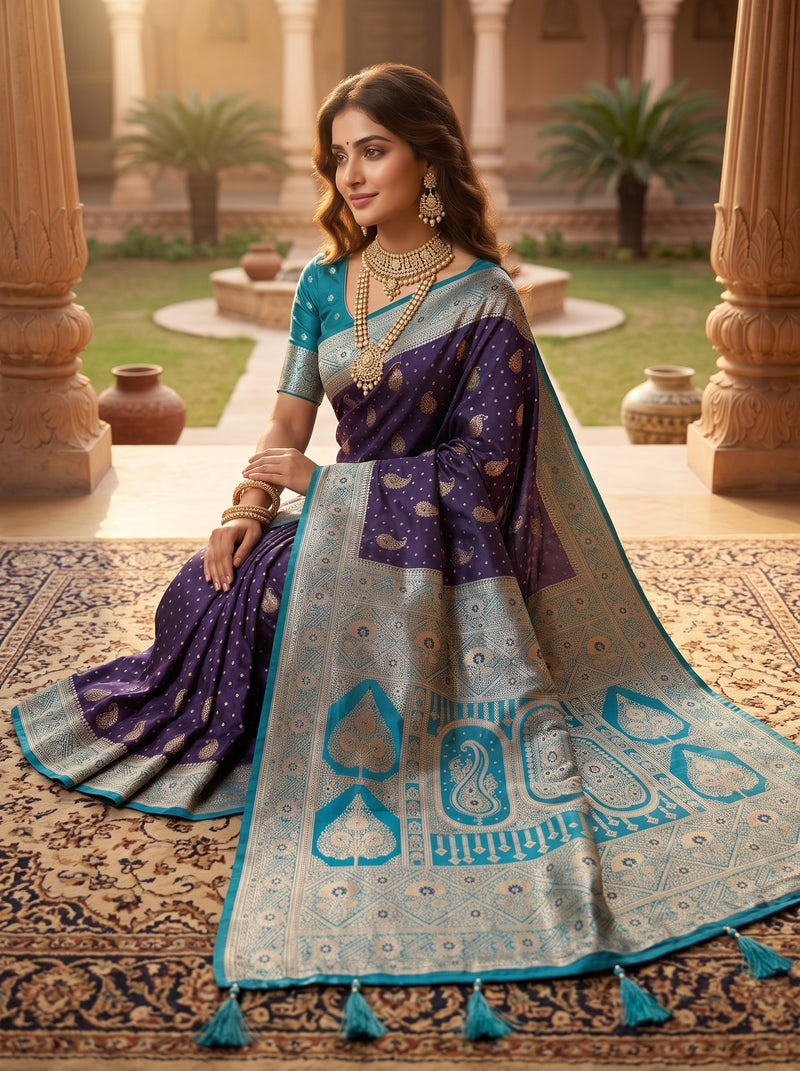 Deep Violet Purple Art Silk Banarasi Saree with Teal Blue Contrast Border & Blouse Piece