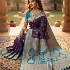 Deep Violet Purple Art Silk Banarasi Saree with Teal Blue Contrast Border & Blouse Piece