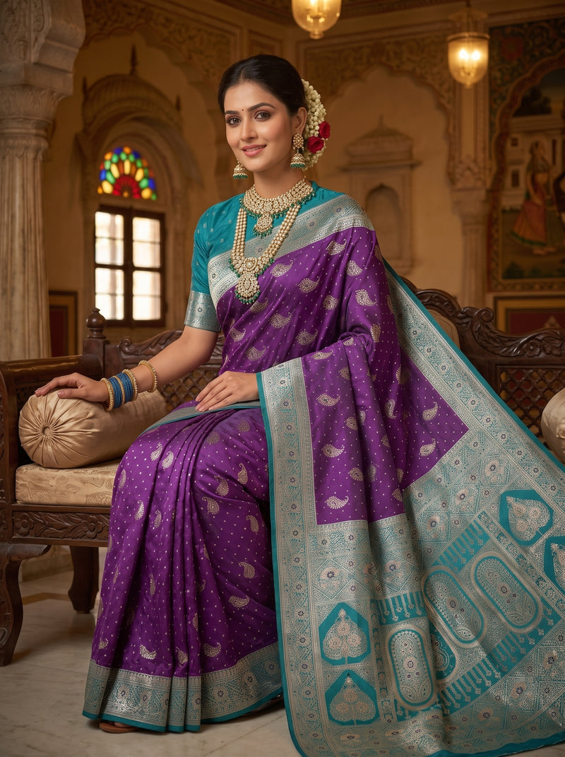 Royal Purple Art Silk Banarasi Saree with Peacock Blue Contrast Border & Blouse Piece