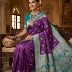 Royal Purple Art Silk Banarasi Saree with Peacock Blue Contrast Border & Blouse Piece