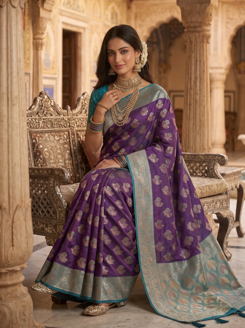 Majestic Bottle Green Art Silk Banarasi Saree with Crimson Red Contrast Border & Blouse Piece