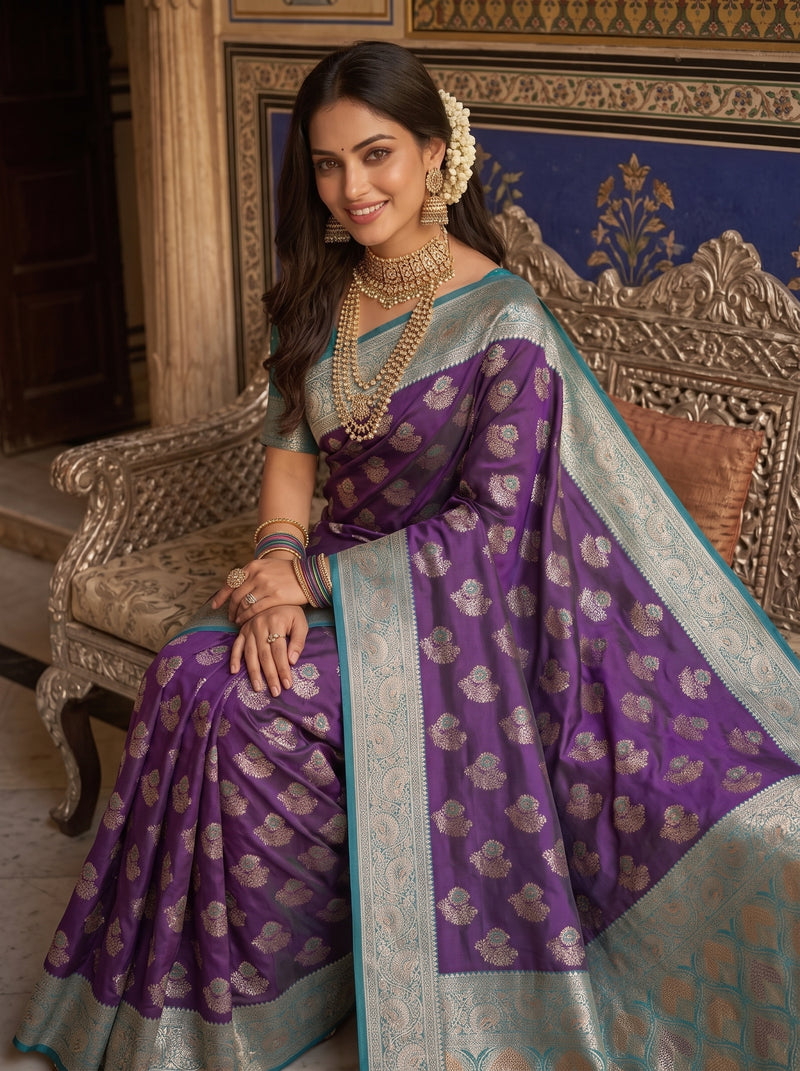 Majestic Bottle Green Art Silk Banarasi Saree with Crimson Red Contrast Border & Blouse Piece