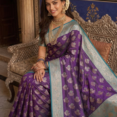 Majestic Bottle Green Art Silk Banarasi Saree with Crimson Red Contrast Border & Blouse Piece
