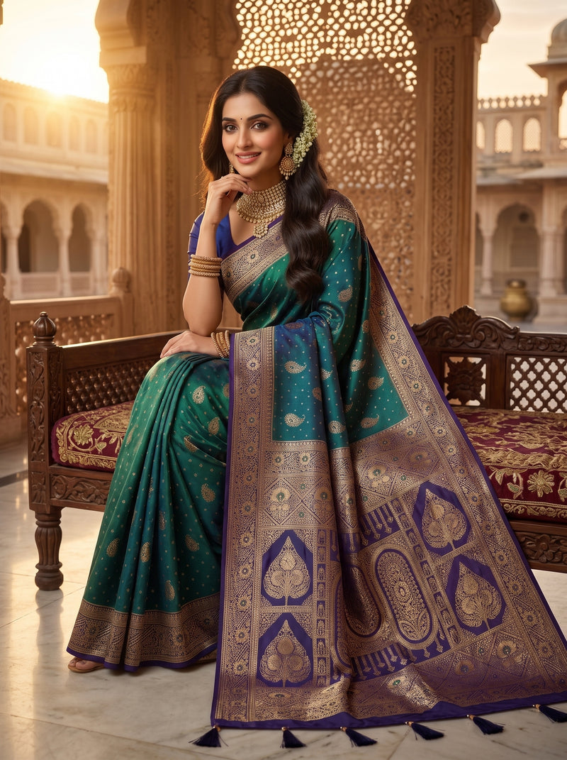 Royal Peacock Green Art Silk Banarasi Saree with Purple Contrast Border & Blouse Piece