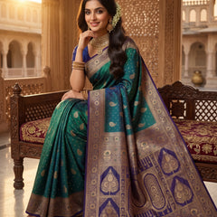 Royal Peacock Green Art Silk Banarasi Saree with Purple Contrast Border & Blouse Piece
