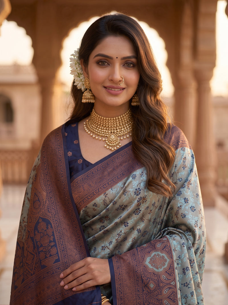 Teal Blue Art Silk Premium And Fancy Design Saree With Blouse For Women