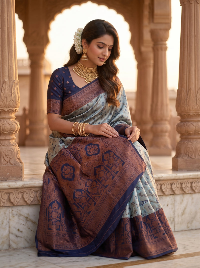 Teal Blue Art Silk Premium And Fancy Design Saree With Blouse For Women