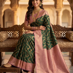 Bottle Green Art Silk Banarasi Saree with Dusty Pink Contrast Border & Blouse Piece