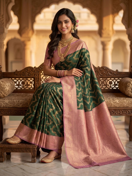 Bottle Green Art Silk Banarasi Saree with Dusty Pink Contrast Border & Blouse Piece