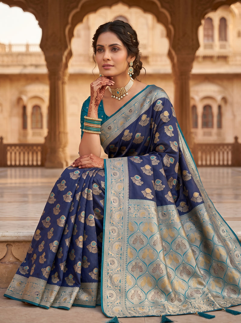 Royal Navy Blue Art Silk Banarasi Saree with Teal Blue Contrast Border & Blouse Piece