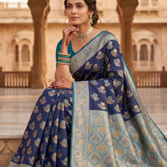 Royal Navy Blue Art Silk Banarasi Saree with Teal Blue Contrast Border & Blouse Piece