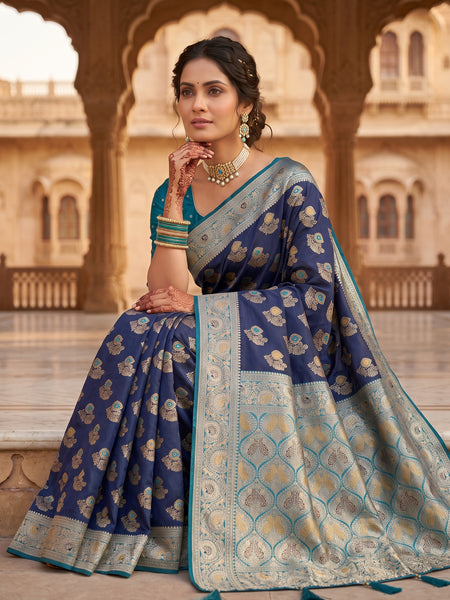 Royal Navy Blue Art Silk Banarasi Saree with Teal Blue Contrast Border & Blouse Piece