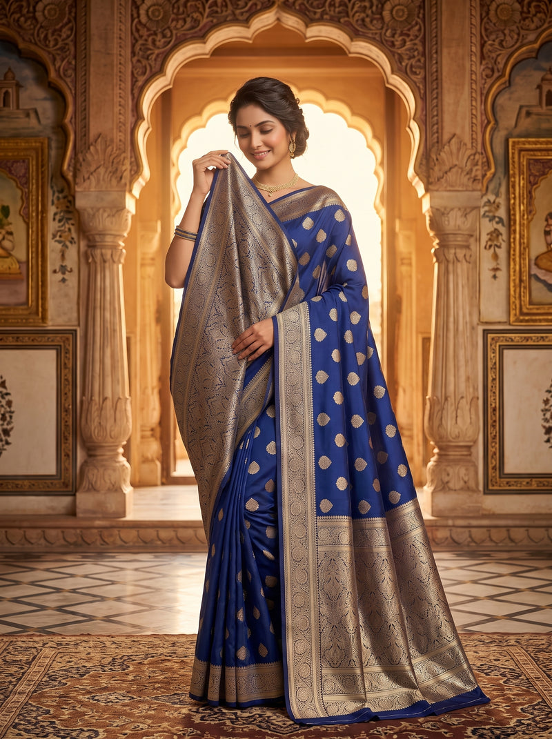Royal Blue Banarasi Silk Saree with Golden Zari Butti Work, Traditional Woven Border & Rich Designer Pallu for Women
