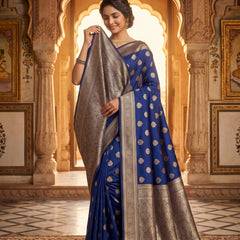 Royal Blue Banarasi Silk Saree with Golden Zari Butti Work, Traditional Woven Border & Rich Designer Pallu for Women
