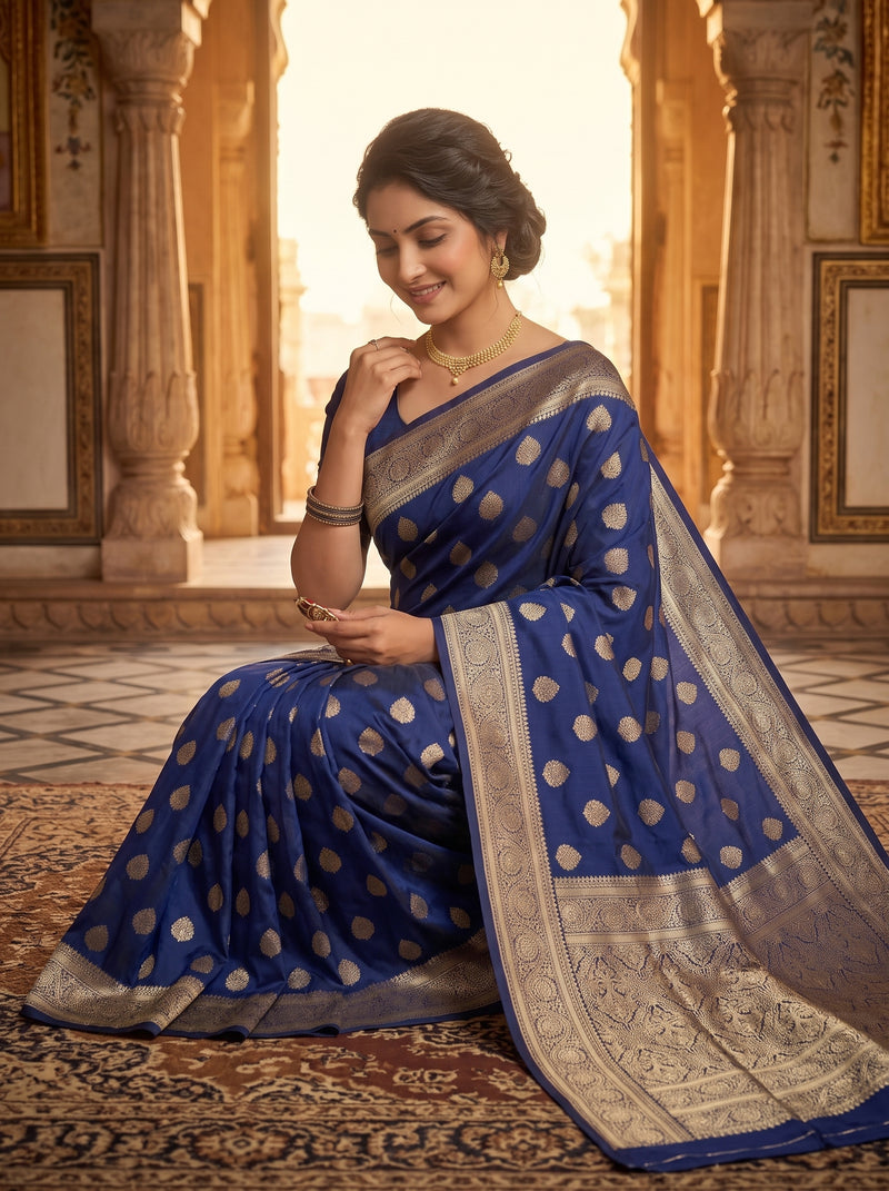 Royal Blue Banarasi Silk Saree with Golden Zari Butti Work, Traditional Woven Border & Rich Designer Pallu for Women