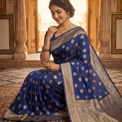 Royal Blue Banarasi Silk Saree with Golden Zari Butti Work, Traditional Woven Border & Rich Designer Pallu for Women
