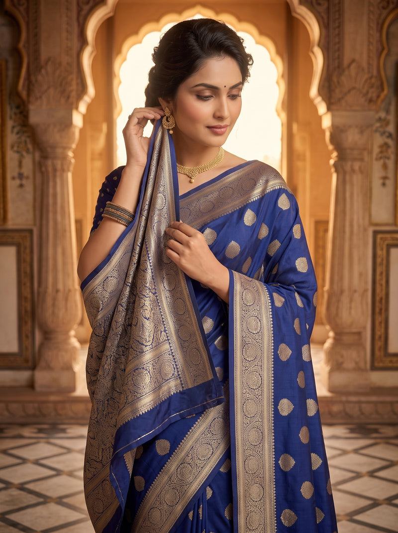 Royal Blue Banarasi Silk Saree with Golden Zari Butti Work, Traditional Woven Border & Rich Designer Pallu for Women