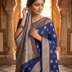 Royal Blue Banarasi Silk Saree with Golden Zari Butti Work, Traditional Woven Border & Rich Designer Pallu for Women