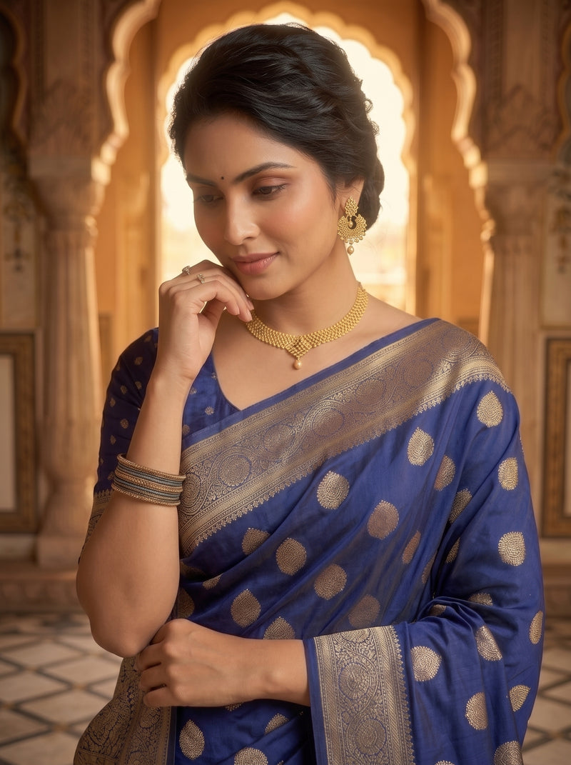 Royal Blue Banarasi Silk Saree with Golden Zari Butti Work, Traditional Woven Border & Rich Designer Pallu for Women