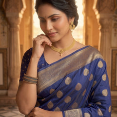 Royal Blue Banarasi Silk Saree with Golden Zari Butti Work, Traditional Woven Border & Rich Designer Pallu for Women