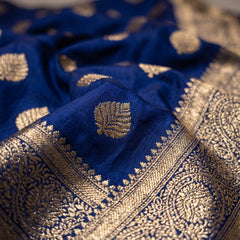 Royal Blue Banarasi Silk Saree with Golden Zari Butti Work, Traditional Woven Border & Rich Designer Pallu for Women