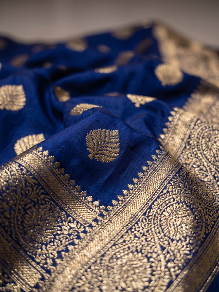 Royal Blue Banarasi Silk Saree with Golden Zari Butti Work, Traditional Woven Border & Rich Designer Pallu for Women