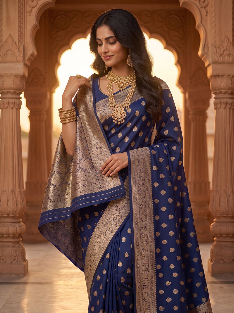 Royal Navy Blue Banarasi Silk Saree with Golden Zari Butti Work, Woven Border & Rich Traditional Pallu for Women