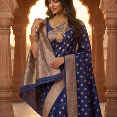 Royal Navy Blue Banarasi Silk Saree with Golden Zari Butti Work, Woven Border & Rich Traditional Pallu for Women