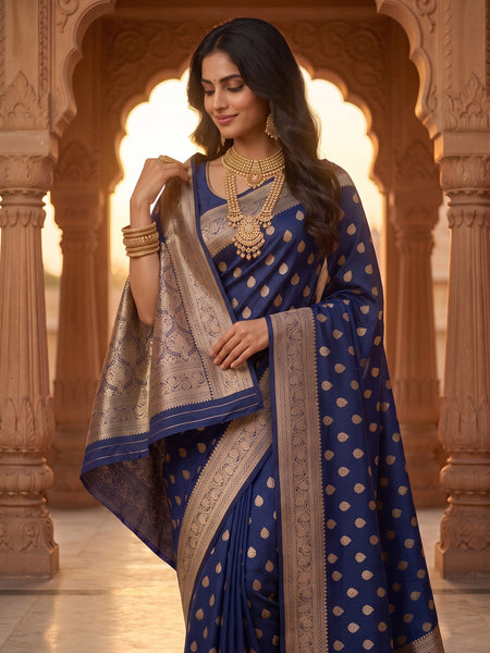 Royal Navy Blue Banarasi Silk Saree with Golden Zari Butti Work, Woven Border & Rich Traditional Pallu for Women