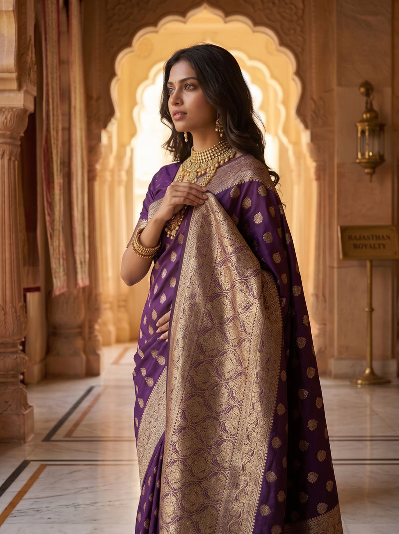 Royal Purple Banarasi Silk Saree with Golden Zari Butti Work, Woven Border & Rich Designer Pallu for Women