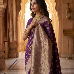 Royal Purple Banarasi Silk Saree with Golden Zari Butti Work, Woven Border & Rich Designer Pallu for Women