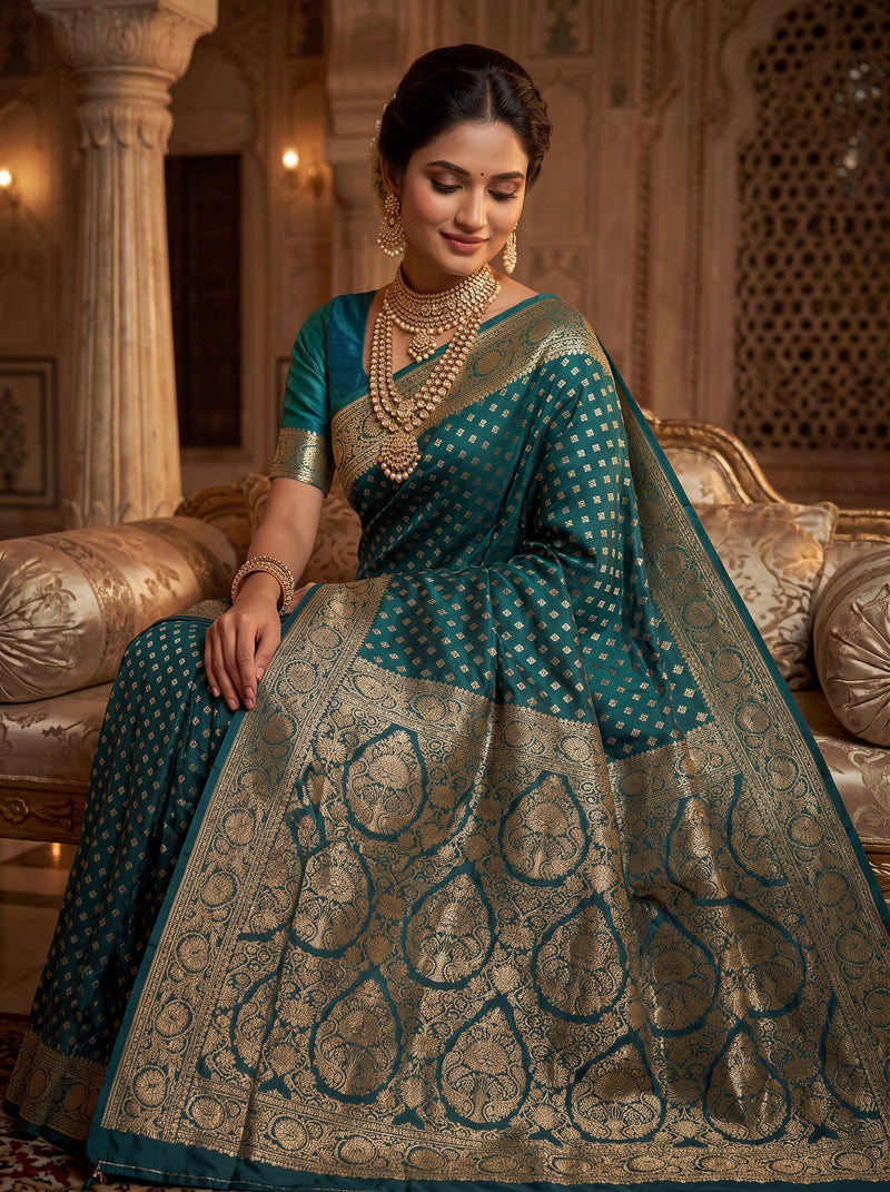 Teal Blue Banarasi Silk Saree with Golden Zari Butti Work, Broad Woven Border & Rich Designer Pallu for Women