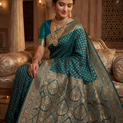 Teal Blue Banarasi Silk Saree with Golden Zari Butti Work, Broad Woven Border & Rich Designer Pallu for Women